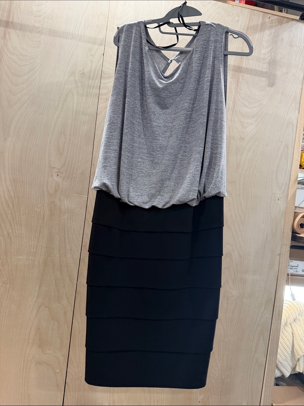 Enfocus Studio Grey Top with Black Tiered Pencil Skirt Dress